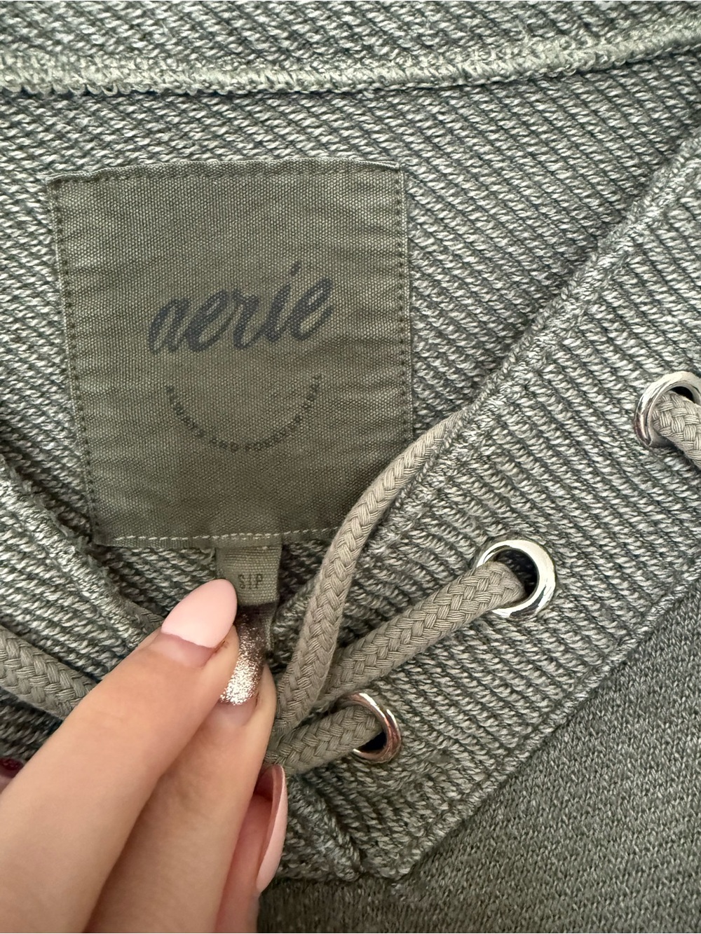 aerie Olive Lace-Up V-Neck Pullover Sweatshirt - Picture 2 of 3